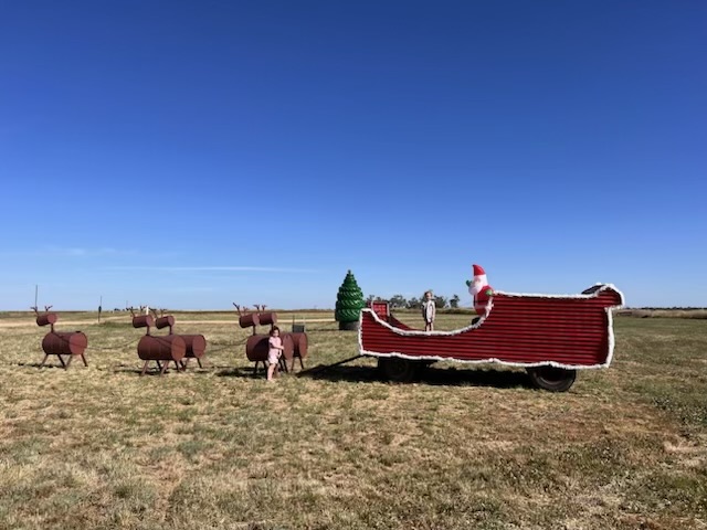 The creative Christmas display has attracted locals and visitors to stop while driving down Spring Plains Road. Kate Schwager snapped her daughters Winnie and Phoebe admiring the spectacular Boolcarrol Christmas scene, checking out Santa’s sleigh and reindeer, and in front of the giant tree made of tyres.