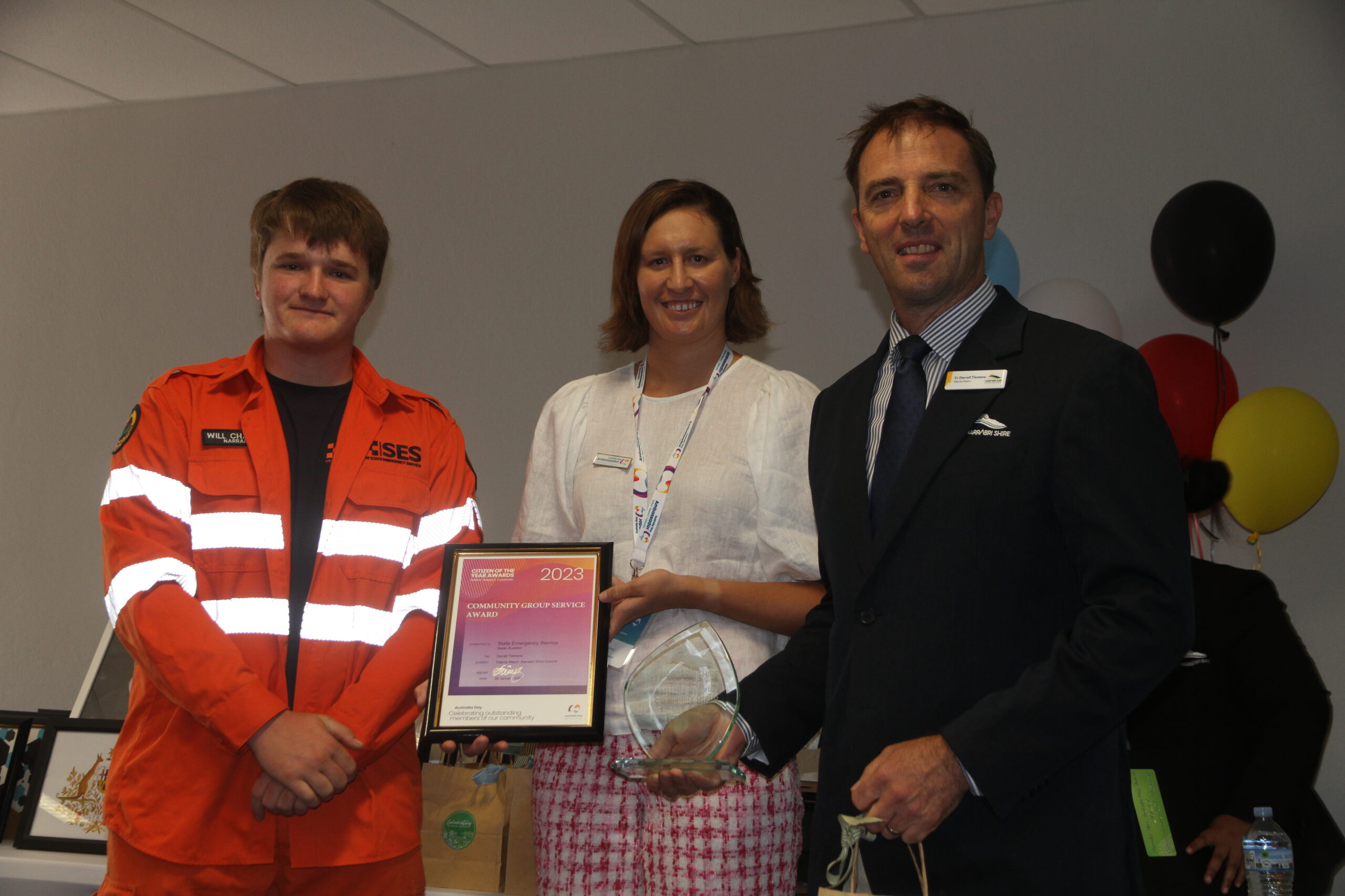 Community group service award: Will Charles accepted the Community Group Service Award which was awarded to the Narrabri SES Unit and Sarah Rushton from Australia Day ambassador Taylor Corry and deputy mayor Darrell Tiemens. Mrs Rushton was unable to attend the Australia Day awards presentation.