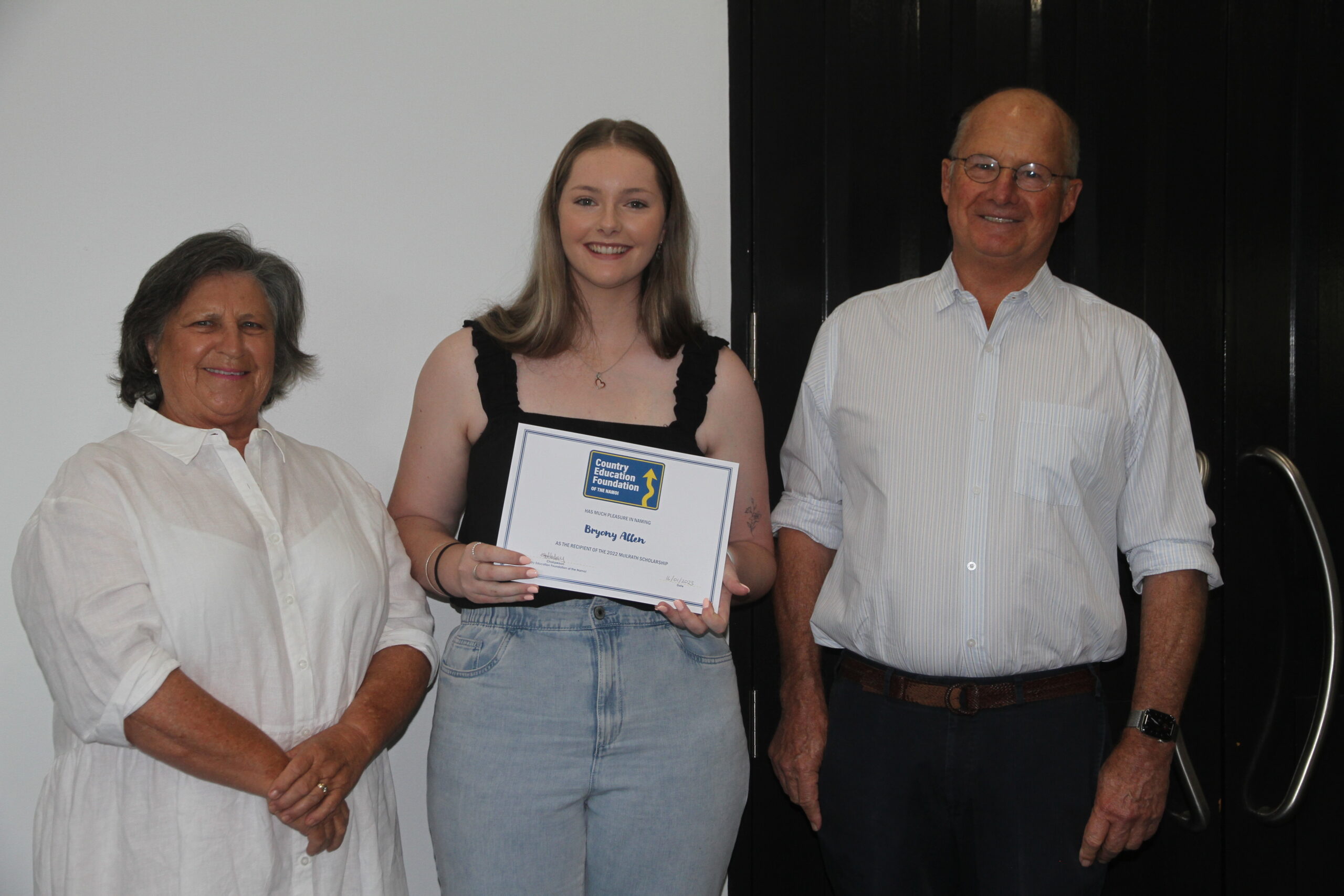 Bryony Allen was the recipient of the McIlrath Scholarship. She is pictured with Prim and Michael Winston-Smith.