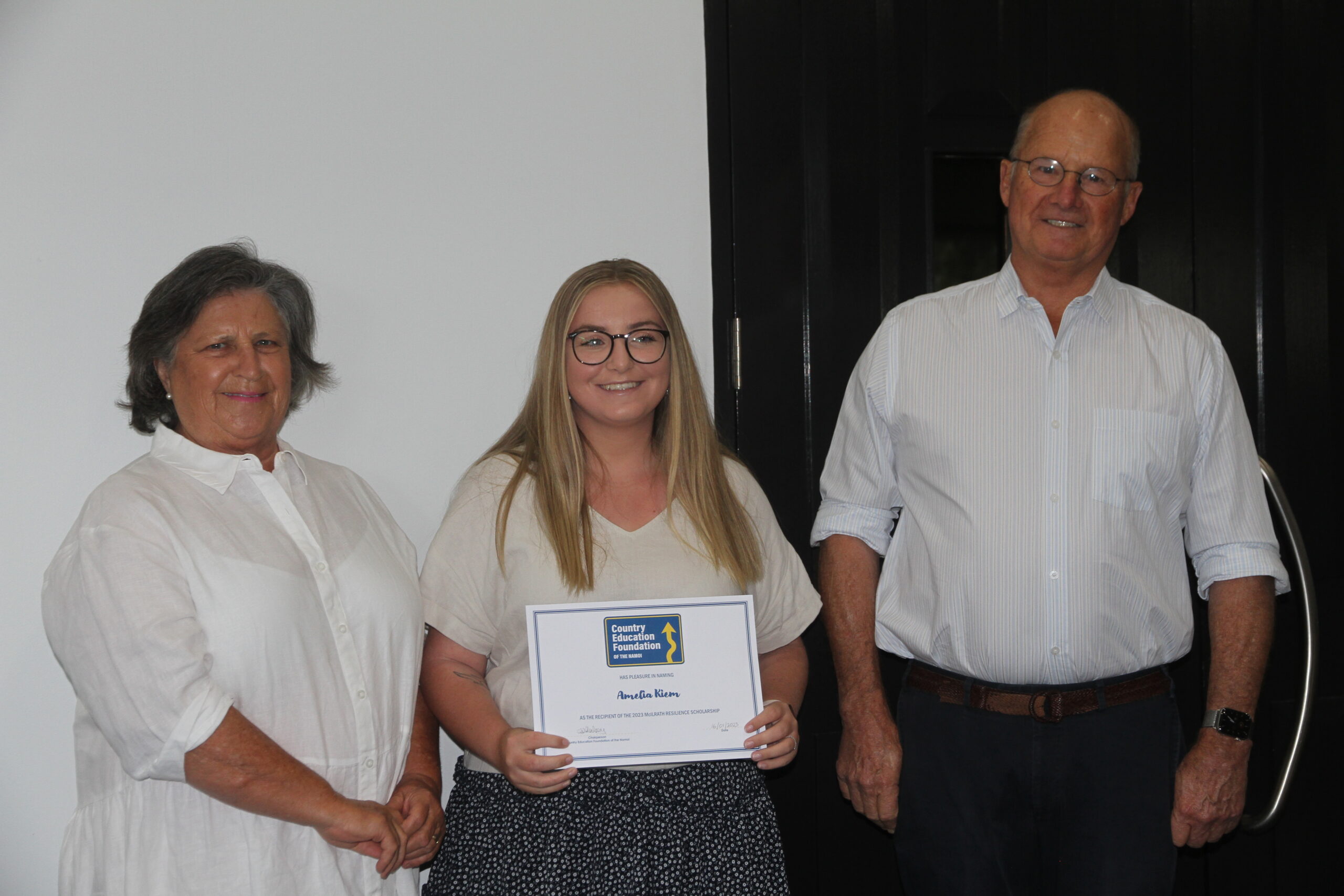 Amelia Kiem was the recipient of the 2023 McIlrath Resilience Scholarship. She is pictured with Prim and Michael Winston-Smith.