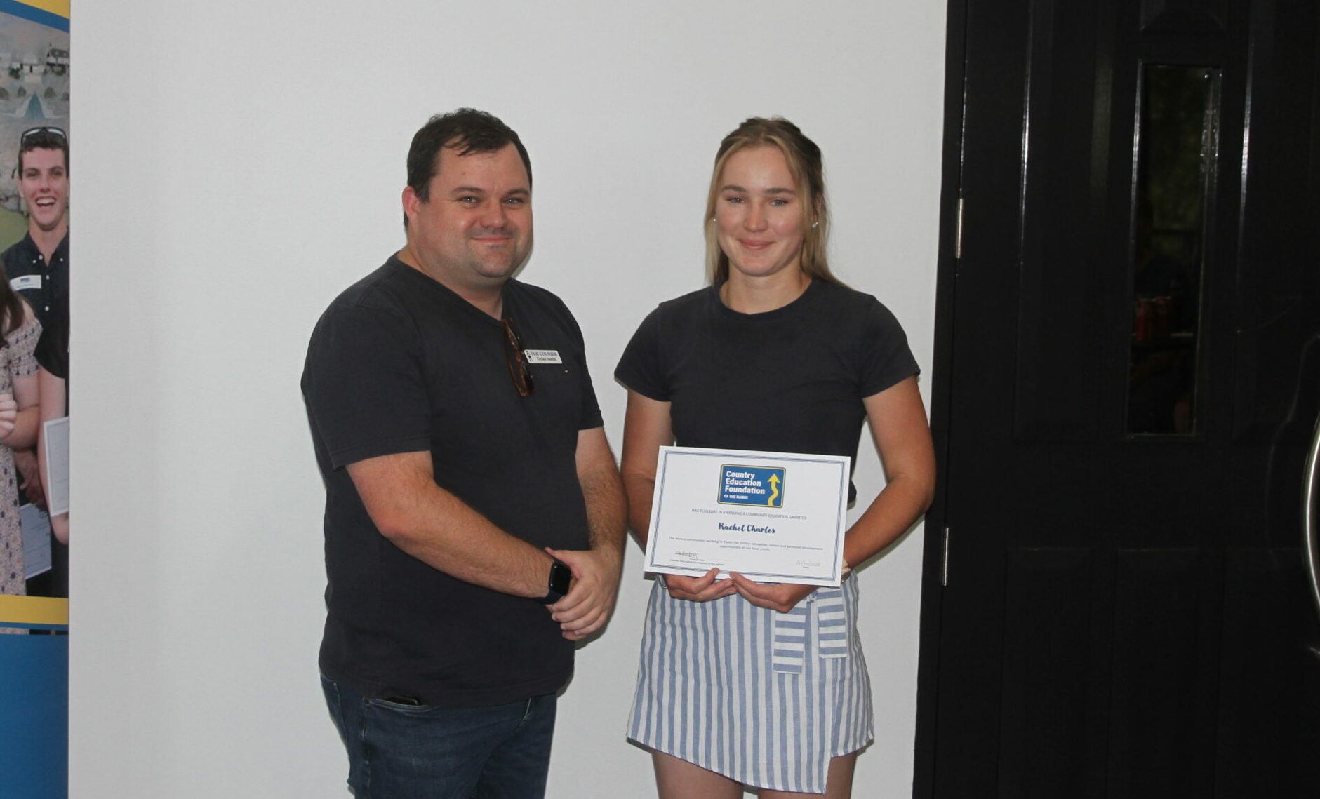 Dylan Smith with Rachel Charles. Sponsors were invited to present certificates to recipients of education grants at the celebration held at The Crossing Theatre last week.