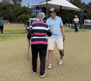 The last remaining two players in Narrabri Golf Club’s 2023 shootout final, Gail Richardson (winner) and Travis Heffernan (runner-up) congratulate one another on the 18th on Sunday. Photo: Narrabri Golf Club