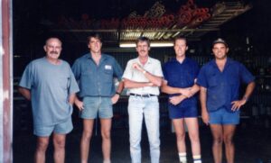 The AM Electrical team in 1989: Geoff Brown, Jamie Condon, Ray Condon, Murray Tindal and Matthew Houguet.