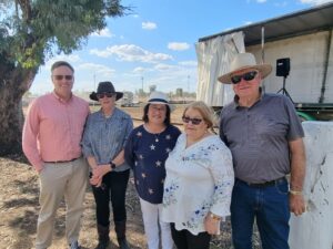 Gavin Ingram returned to Wee Waa recently to open the show, he is pictured here at the show with, Sue Smith, Anna Baird, Pat and John Kiem. Gavin said he was very grateful to all the locals for their kindness and hospitality during his trip.