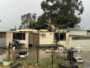 Narrabri SES responded to reports of a trampoline becoming lodged on the roof of a Boundary Street home. Photos: Narrabri SES