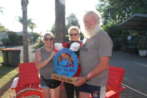 The Black Dog Ride was officially farewelled from Narrabri with a barbecue dinner at the Narrabri Motel and Caravan Park. Pictured, Robyn Archer, centre, with Nerolie and Bear Falconer.