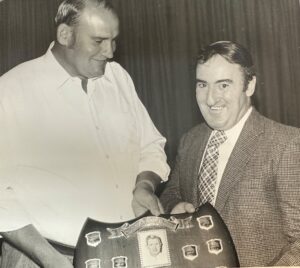 Brian Worley (dec) accepting the Col Cameron Shield from Cricket President John McNamara (dec). John served a huge term as president of the Narrabri District Cricket Association from 1969-1990.
