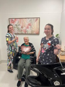 Marjorie Eastick enjoying some TLC in the beautiful new Jessie Hunt Beauty Salon with Mikaela Woodward and Caitlyn Canfell.