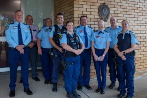 While in Narrabri, Deputy Commissioner Emergency Management Peter Thurtell APM met with local police. Pictured, Dep Com Thurtell, Detective Senior Constable Jason Dickinson, Acting Assistant Commissioner Kylie Endemi, Constable Ben Dawson, Constable Molly Borger, Chief Inspector Robert Dunn, Inspector Jackie Barlow, Senior Constable Ben Stride and Acting Sergeant Ajarna Imrie.