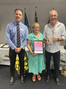 Narrabri Shire mayor Darrell Tiemens, Environmental Award recipient Kathryn Hamilton and Clyde Campbell AM.