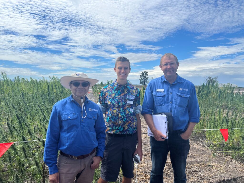 Senior plant breeder Dr Kedar Adhikari, Associate Professor Guy Roth and research assistant Ed Chaplin on the Narrabri IHVT site.