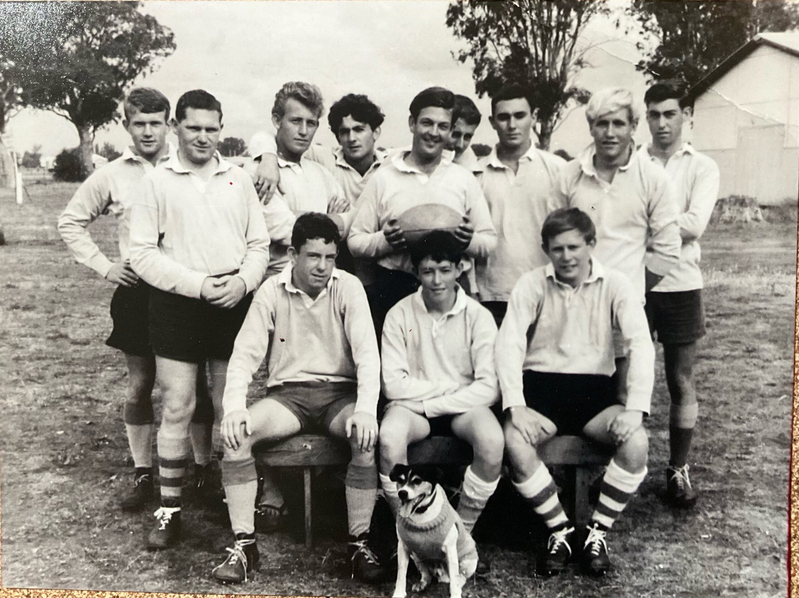 1965 Narrabri Rugby Union Reserve Grade: Back row, Rob Lees?, John Lisle, Adrian Russell, Rusty Russell, Dennis Haire, John Lyttleton (partly obscured), John Kimmorley, Ian (Snow) Keene, Steve Campling?, front row, Richard Barry, Jeff Doyle, Ken Broadhurst. (Dog owned by Jim Prendergast).