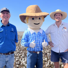 Cotton Australia’s regional manager for northern NSW Alec Macintosh, popular children’s educational character George the Farmer with Wee Waa farmer Daniel Kahl at his family’s property last week.