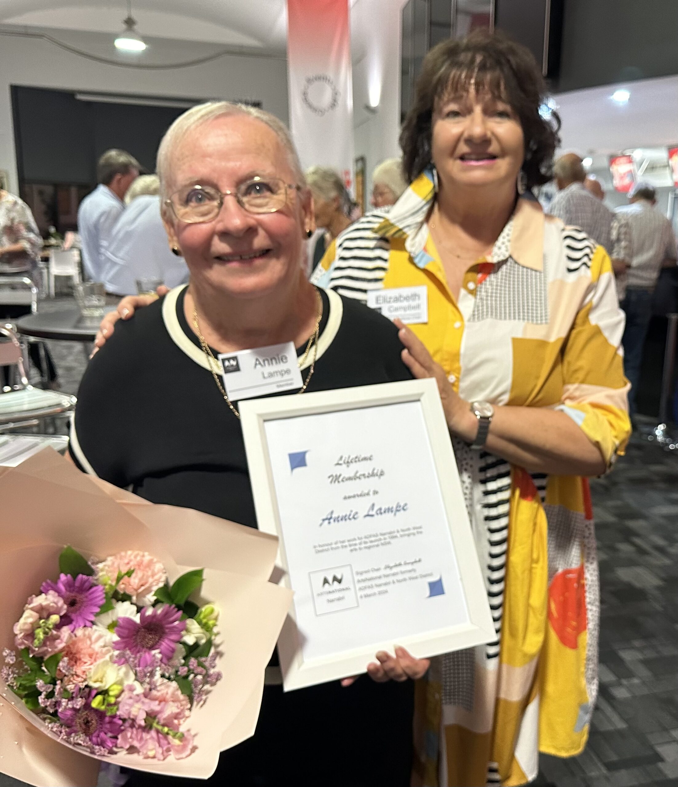 Annie Lampe with current ArtsNational Narrabri chair Elizabeth Campbell, who presented Annie with a lifetime membership award in March.