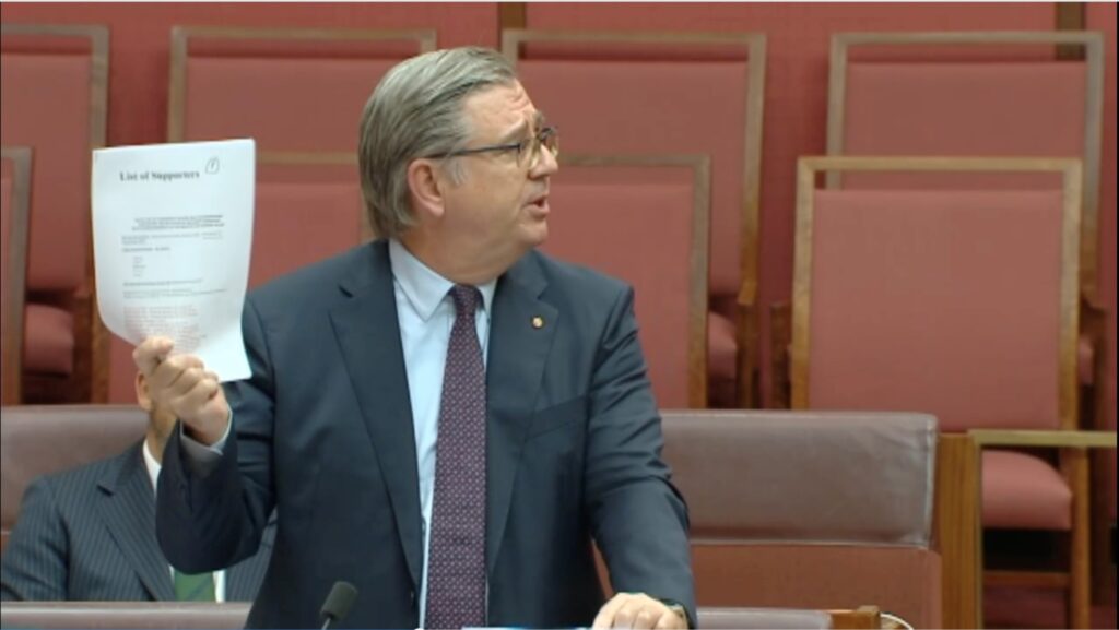 Senator Scarr addresses the Senate in support of Mr Barry and his advocacy group’s campaign for recognition of the national servicemen’s Vietnam role.