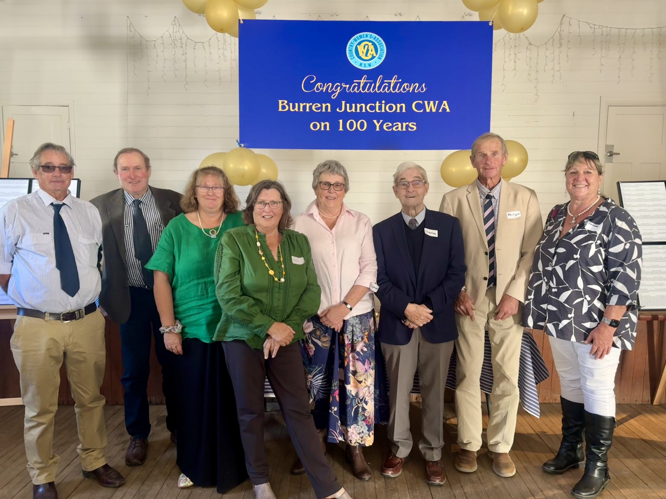 Some of the descendants of the 1924 inaugural members of the Burren Junction branch of the CWA at the centenary celebration, pictured back, Ronald McMahon, Charlie Hamilton, Sonya Marshall, Margaret Constable, Charles Radford, Philip Powell, Belinda Radford, front, Anne McMahon. (George Sevil present at lunch but absent from photo). A history booklet gifted to attendees said the Burren branch’s first president was Mrs Bessie Cameron. The first Secretary: Miss Nellie Hamilton (Mrs D Radford). The first Treasurer: Miss Mary Radford (Mrs G Gall). “Soon after the branch was formed, membership grew to 27 in the first year, including the following names: Mesdames Jones, Pennells, Slack-Smith, Church, Mulcahy, Mitchell, Urin, Brumby, Milkey, Madden, Batman, Miller, Heuston, Harris, Treweeke, Atkinson, Hunt, Carolan, Herring and Powell and Misses Mackenzie, Mulcahy, O’Mullane, Radford, Hamilton, Jones and Radford,” states the booklet.