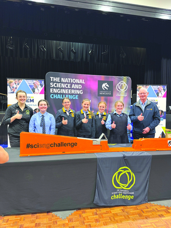 National Science and Engineering Challenge team leader Olivia Clarkson from the University of Newcastle, St Joseph's Primary School students Imelda R., Florence M., Lizzy N., Alexis B., Ellie M. and long-term challenge contributor and Narrabri Rotarian Bruce Pyke.