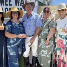 Last year, the Wee Waa & District Pony Club hosted a Melbourne Cup Day fundraiser. Pictured, Trish Keft, Geraldine Hall, Mitch and Terri Brodigan and Peta Miguel at the popular 2025 event. Photo: John Burgess Photography.